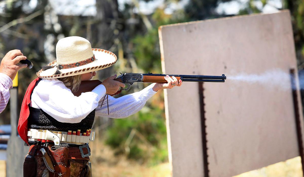 Pat “Blue Eues” Myers of Orange competes with pistols, a shotgun and rifle in the 25th annual Chorro Valley Shootout.