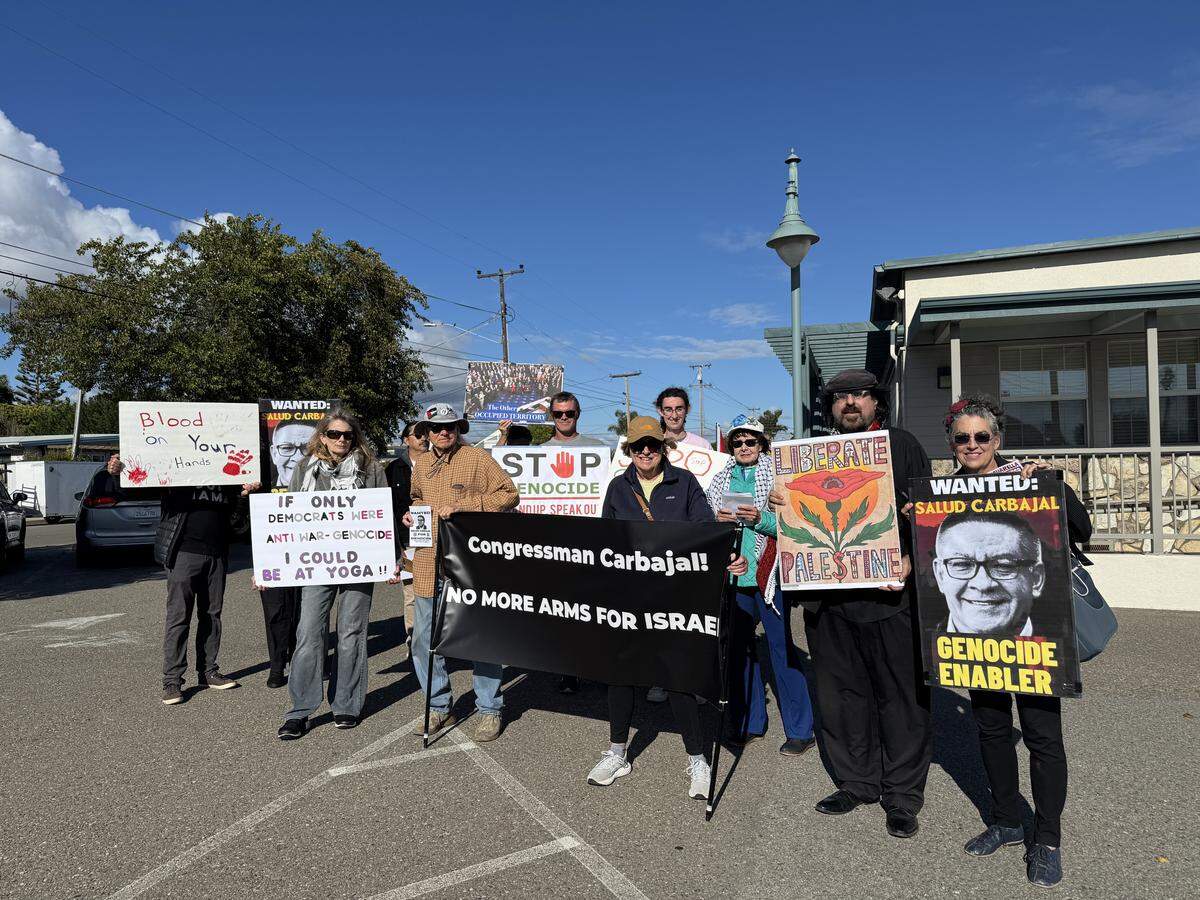 Around 20 anti-war protestors gathered outside the Grover Beach Community Centerto call on Rep. Salud Carbajal to stop accepting campaign contributions from the American Israel Public Affairs Committee on May 4, 2026.