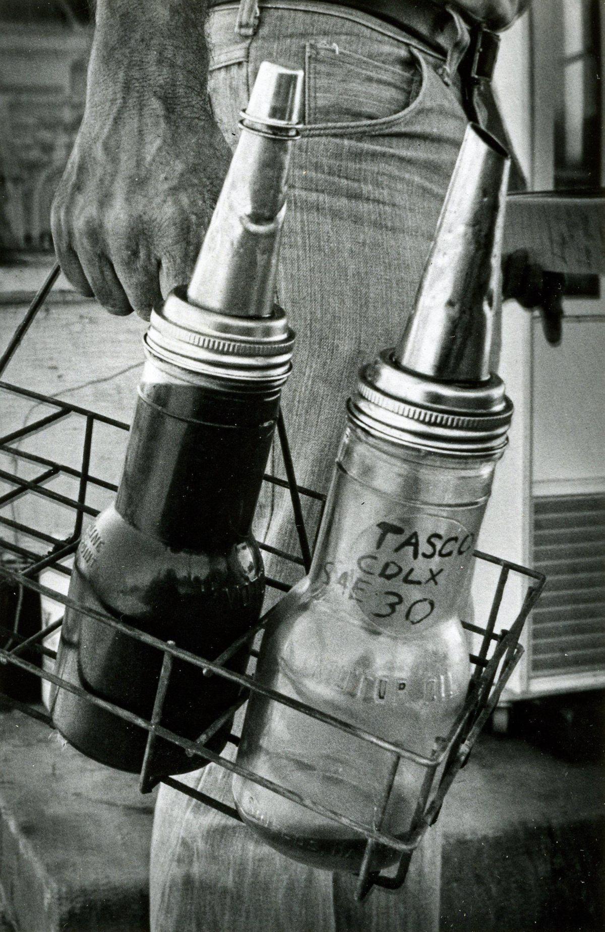 Oil was sold in quart glass jars filled from bulk storage. Chuck Harrington spent 25 years at Tasco, an independent service station that sold gas, diesel and stove oil in Atascadero, as seen Aug. 9, 1979. The name was derived from its home town.