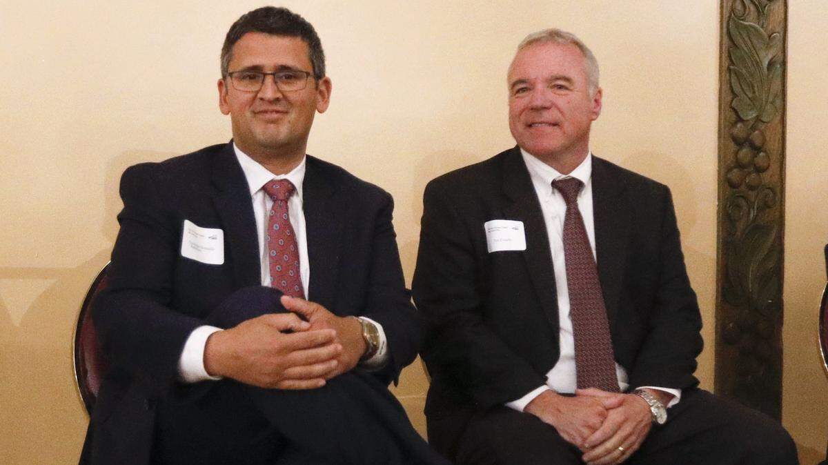 Hernaldo Baltodano, left, and Tim Covello, at the SLO County Bar Association-sponsored candidate forum at the Madonna Inn in April.