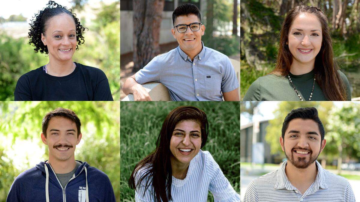 These six outstanding graduates of Cal Poly SLO 2019 are, from top left to bottom right, Mia Alexander, Antonio Aguilar Gomez, Aubree Charlesworth, James Carlson, Sherry Saroufeem, and Jorge Valdez.