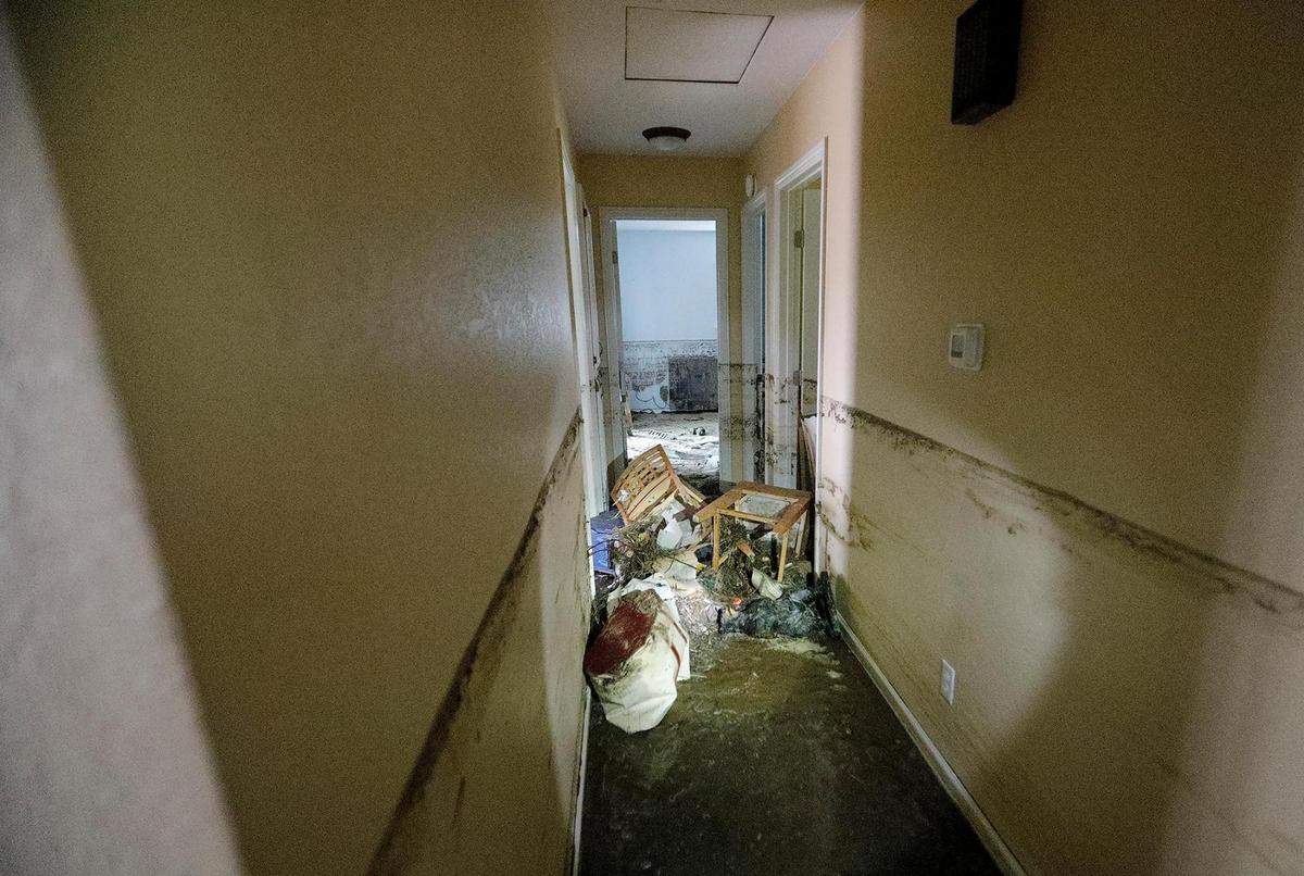 One home on Vista Court in Los Osos was hit particularly hard when a water retention basin failed on Monday, Jan. 9, 2023, sending a wall of floodwater through the house, up to three feet on the walls. The water and mud broke open the front door and pushed down the hallway to the bedrooms.