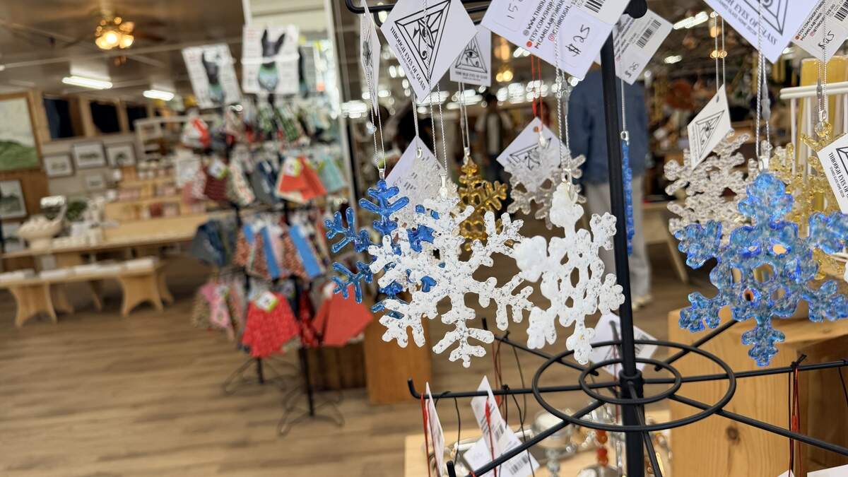 Snowflake ornaments are among the items for sale at the annual SLOcally Made pop-up shop in San Luis Obispo. The 2025 version returned to the Monterey Street side of the Thrifty Beaches store.