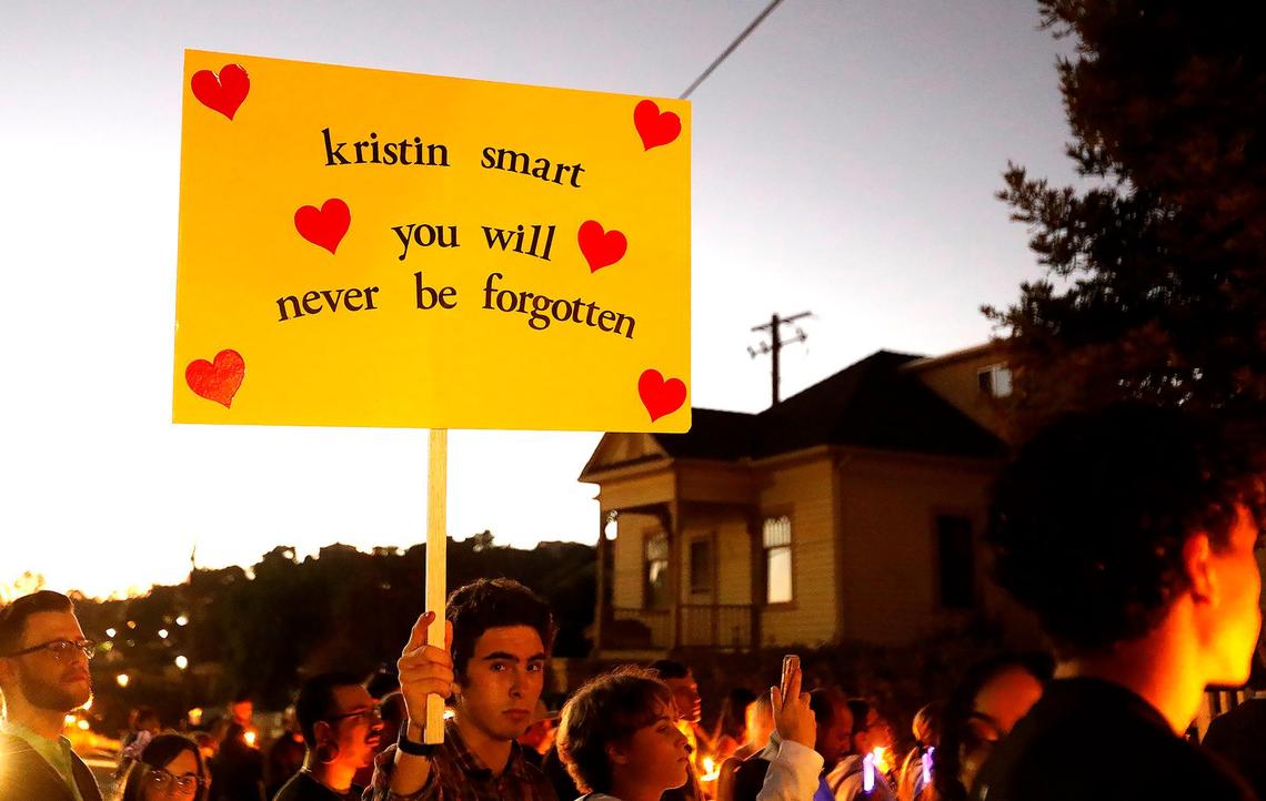 More than 250 supporters attend a candlelight vigil for Kristin Smart in front of Flores family home in Arroyo Grande.