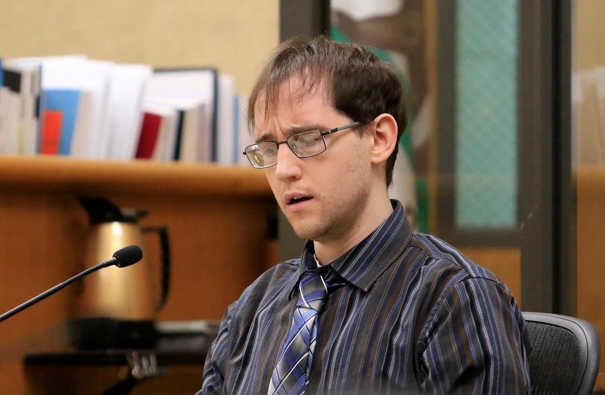 Levente Lazar, 26, of Bloomington, Indiana, testifies in the murder case against him for the stabbing death of his mother, Athena Ilona Valentiny, 64, of Grover Beach, in October 2018. He is questioned by defense attorney Jay Peterson.