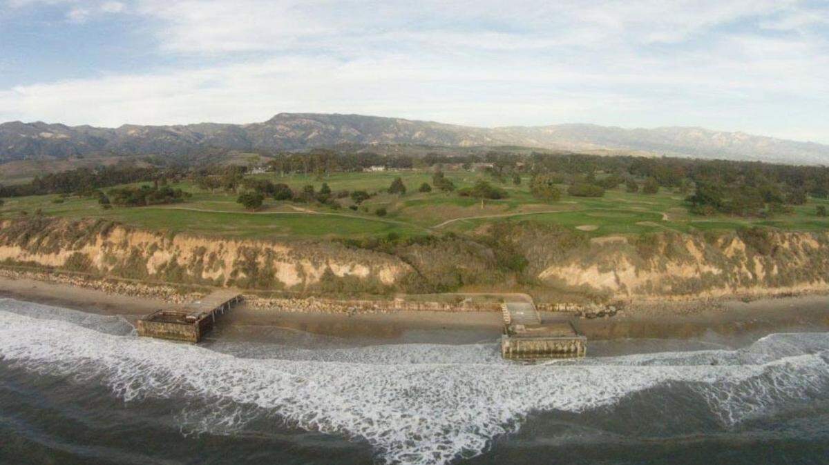 An aerial view of the two piers on Haskell’s Beach in Goleta. The piers and other oil industry infrastructure will be removed in a six-month project starting Monday, Aug. 29, 2022.