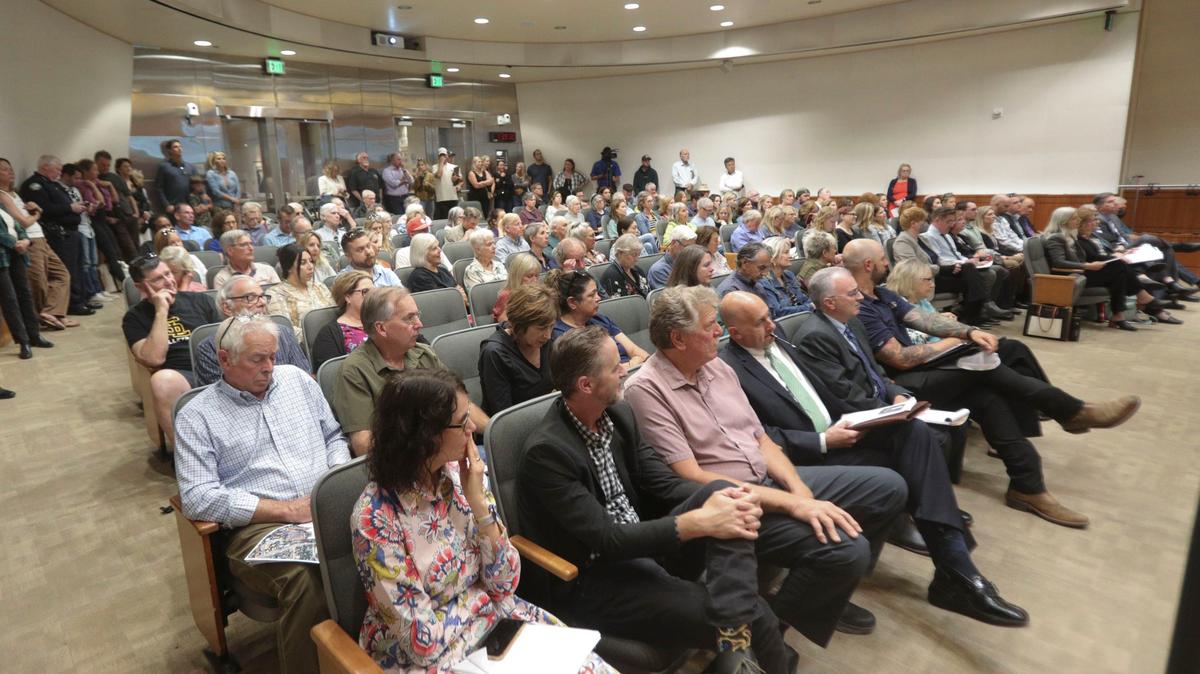 An overflow crowd at the San Luis Obispo County Board of Supervisors meeting on May 21, 2024, as the controversial Welcome Home Village project was on the agenda.