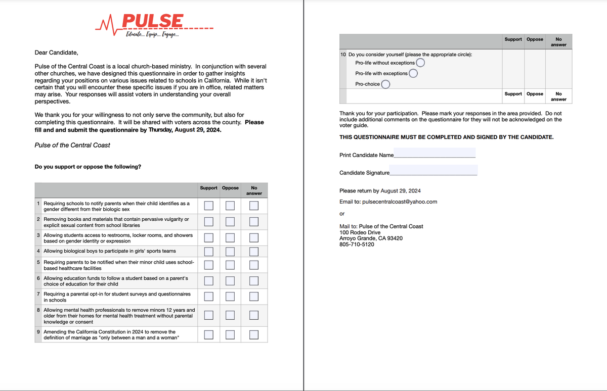A group called called Pulse of the Central Coast linked to Grace Bible Church in Arroyo Grande sent a questionnaire to Lucia Mar school board candidates, asking if they supported or opposed a variety of hot-button issues involving gender and LGBTQ issues as well as other sensitive topics. At least four of the six candidates for the Lucia Mar School Board race received this questionnaire on Aug. 21