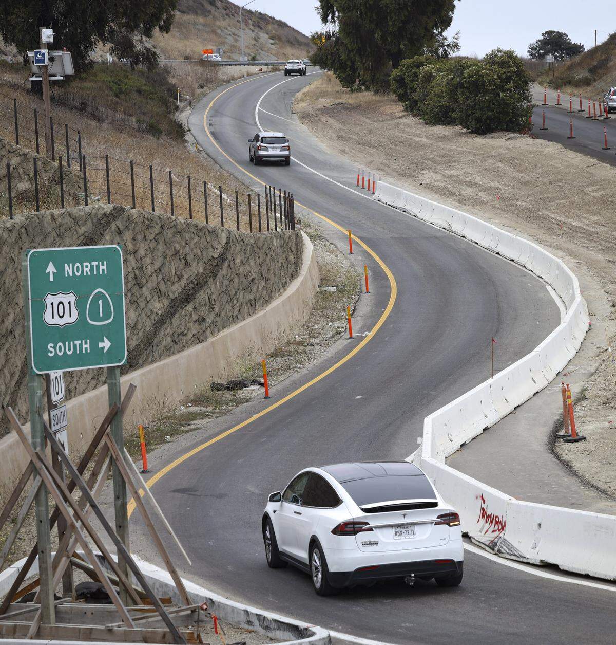 The new Avila Beach Drive entry to southbound Highway 101 has a serpentine shape. The ramp is scheduled to be closed for over a month as a roundabout is constructed, beginning Aug. 18, seen here on Aug. 15, 2025.