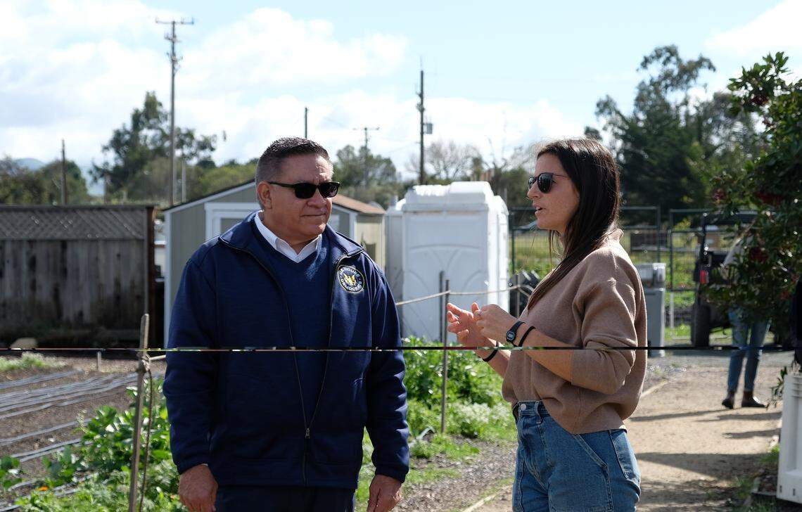 Executive director Kayla Rutland speaks to Rep. Salud Carbajal about City Farm SLO on Feb. 18, 2026. Carbajal visited the farm property off Calle Joaquin as part of his affordability tour on the Central Coast.