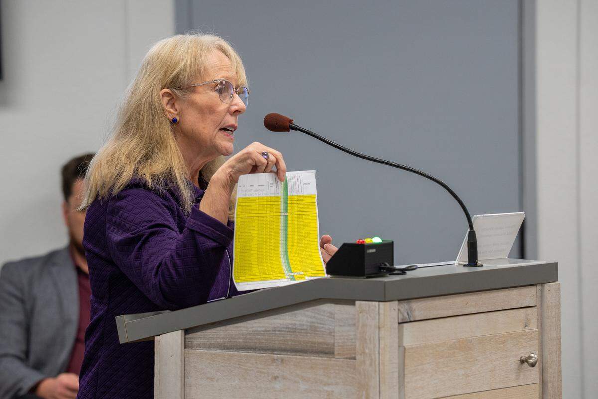 Former Grover Beach Mayor Debbie Peterson speaks during public comment at a joint City Council and Planning Commission meeting on Tuesday, March 31, 2026. The joint meeting featured a handful of policies that the city could pursue to lower development height.