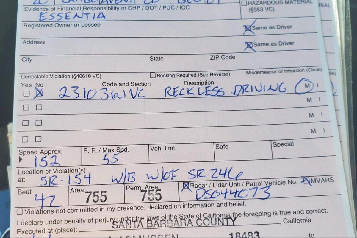 A Los Angeles man driving a Lamborghini was nabbed for traveling 152 mph — well above the 55 mph speed limit — on Highway 154 in the Santa Ynez Valley on Sunday, Nov. 20, 2022.