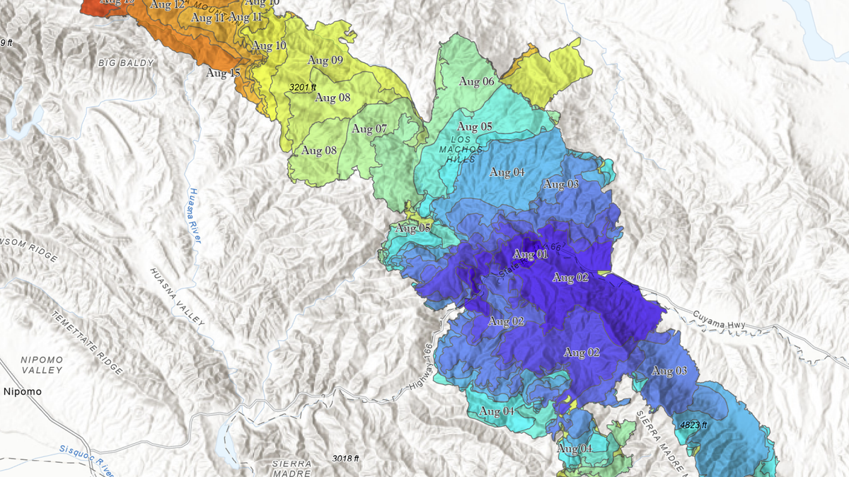 The Los Padres National Forest shared a progression map of the Gifford Fire on August 16, 2025, showing the spread of the wildfire in SLO County and Santa Barbara County.
