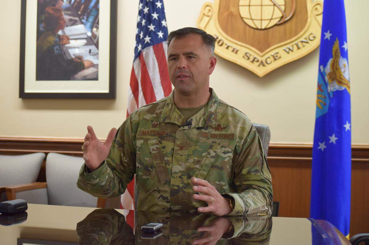 Col. Anthony Mastalir, new commander of the 30th Space Wing at Vandenberg Air Force Base, speaks to the media on Oct. 3.