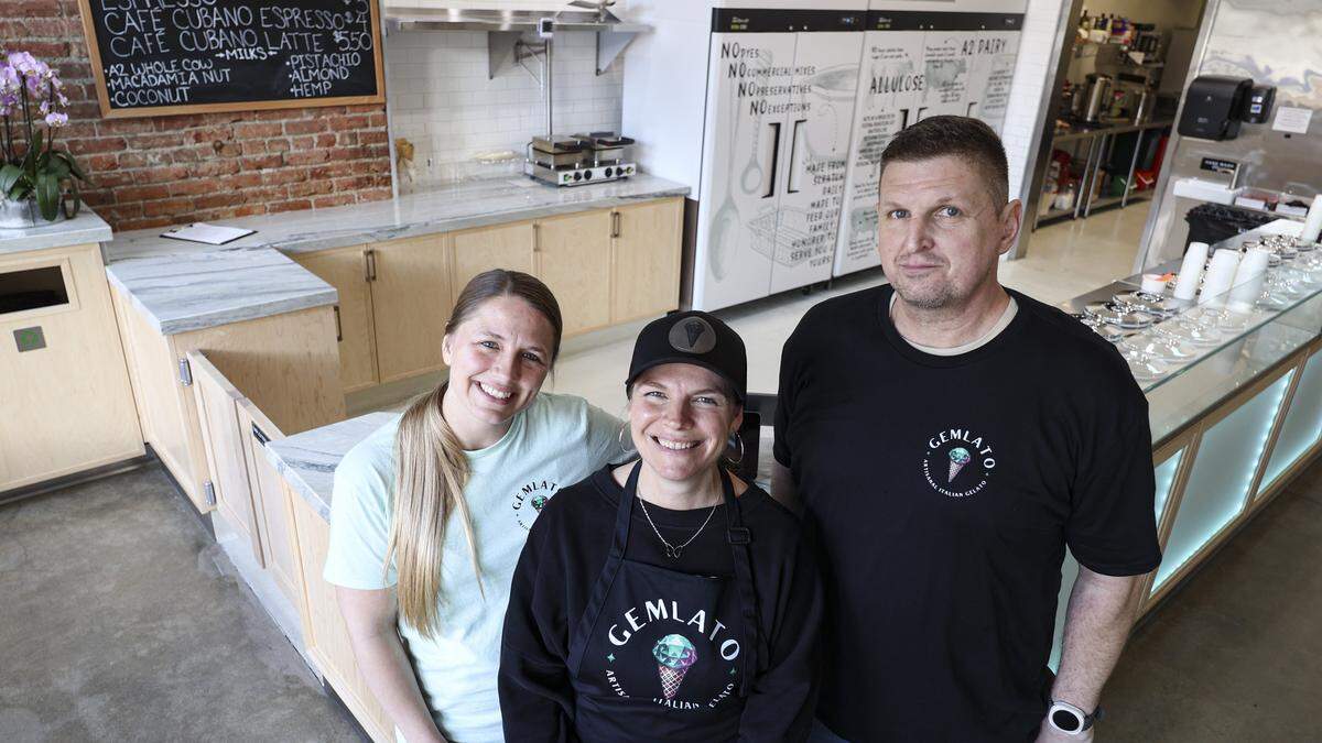 Gemlato makes their gelato from scratch and just opened on Chorro Street in San Luis Obispo, seen here on Feb. 19, 2026. from left is Danielle Hoppa, operations manager and two co-owners Lindsay Chatham and Eric Briggs.
