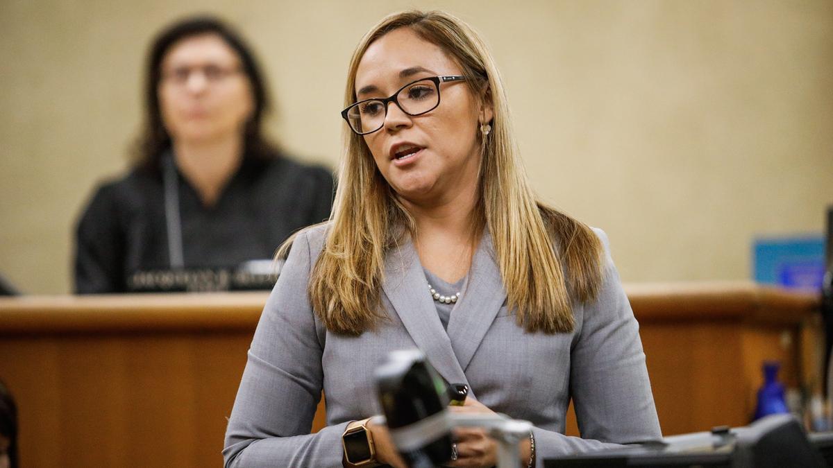 Deputy District Attorney Megan Baltierra makes her opening statement in the attempted murder trial of Jim Pinedo, 38, of San Miguel, who is accused of shooting his girlfriend in the neck on Oct. 2, 2017.