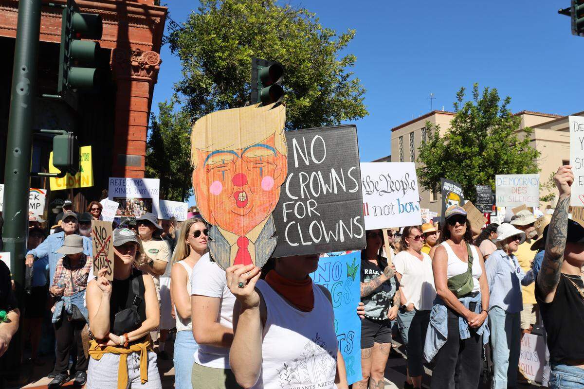 Thousands of people attended the No Kings rally in downtown San Luis Obispo to protest the Trump administration and support Prop. 50 on Oct. 18, 2025.