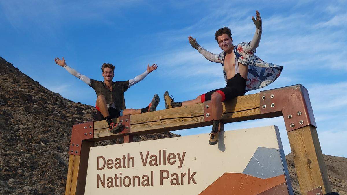 After completing a week-long bike trip from San Francisco to Los Angeles in February 2025 eating only Chipotle burritos, Cal Poly student Tyler Brown, left, and Tasman Alexander are planning to do the same trip across the country — if the Mexican food company will sponsor them. The pair are pictured here on a previous bike trip.