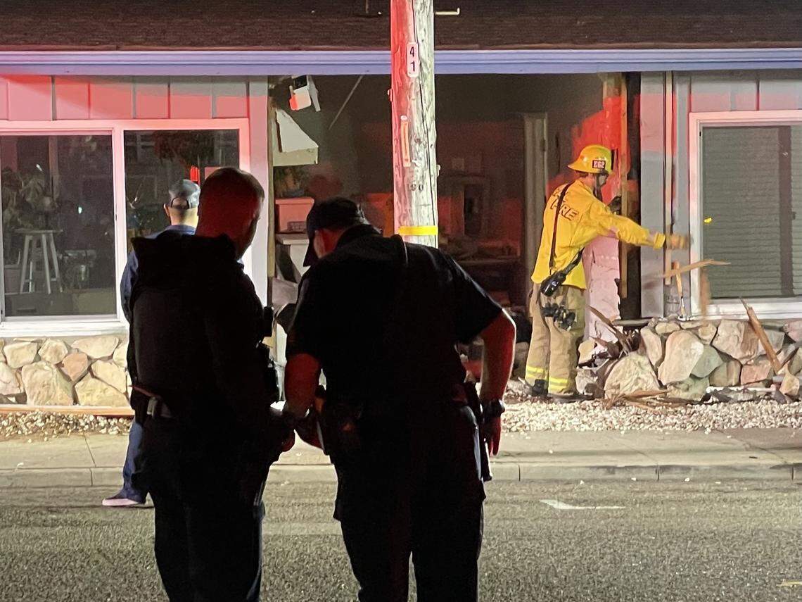 A car crashed into the Ocean Palms Motel in Pismo Beach on Sept. 24, 2025, injuring three people. The building was declared unstable and crews were working to clear the area.