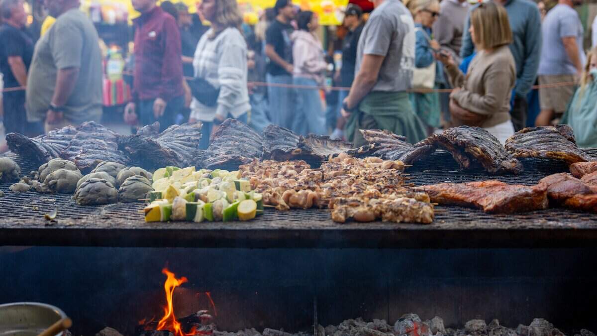 Tri-tip, chicken drumsticks, artichokes and vegetable kebabs are seasoned and grilled at Vix Creek Saloon’s booth at the Downtown SLO Farmers Market on June 25, 2025. Victor Albarran, a former F. McLintocks employee, opened his restaurant in the former McLintocks location in Arroyo Grande and now occupies McLintocks former space at the market.