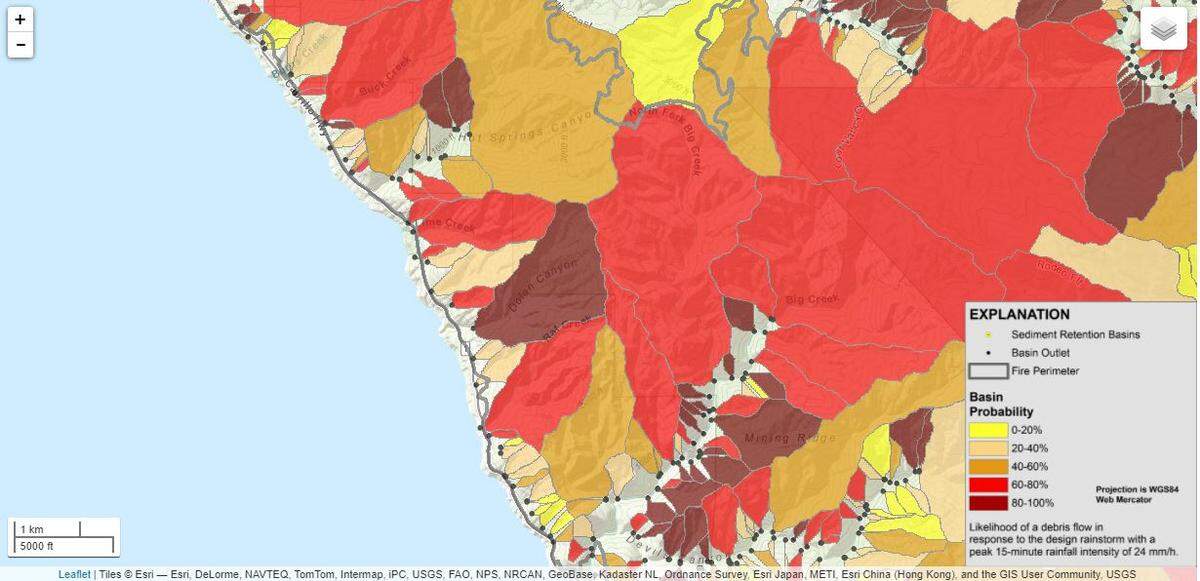 A USGS team mapped the risk of debris flows in the burn scar area following 2020’s Dolan Fire. Rat Creek, where a mudslide took out a major portion of the road, is in red, just below the dark brown section labeled Dolan Creek. .
