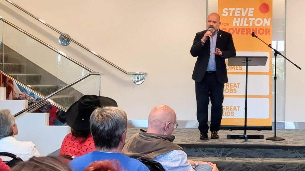 Steve Hilton speaks during a gubernatorial campaign town hall Sunday, May 24, 2026, at Cal Poly’s Christopher Cohan Center in San Luis Obispo.