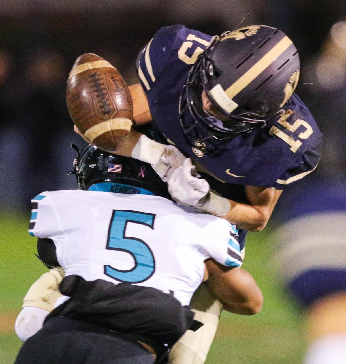 A pass to Luke Terry is broken up by Jude De La Cueva. Mission Prep fell to Kennedy 27-14 (from Delano) in a football playoff Nov. 18, 2022.