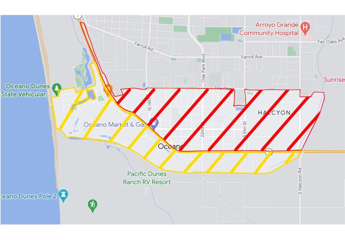 Vacation rentals in the inland part of Oceano north and east of Highway 1, highlighted here in red, will be banned by a new ordinance introduced by the Oceano Advisory Council. The ordinance caps the number of coastal vacation rental permits at 100, highlighted here in yellow.