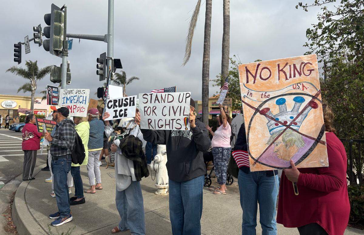 Hundreds of people gathered at a “Good Trouble” protest held in Arroyo Grande as part of a wave of nationwide protests on July 17, 2025.