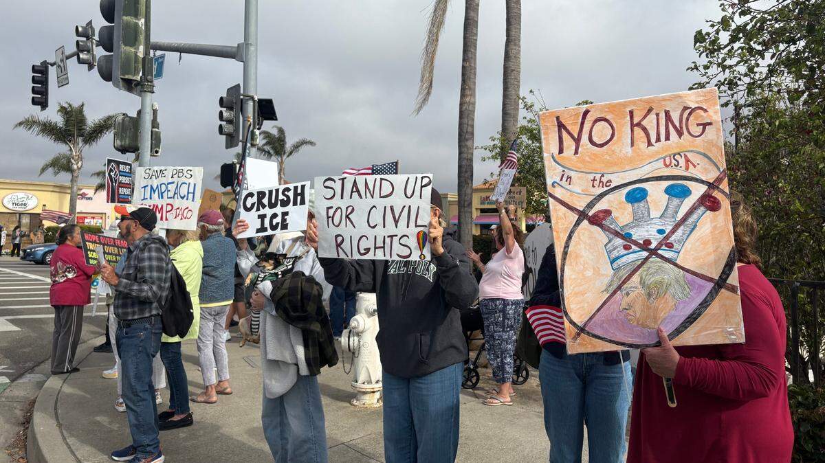 Hundreds of people gathered at a “Good Trouble” protest held in Arroyo Grande as part of a wave of nationwide protests on July 17, 2025. 