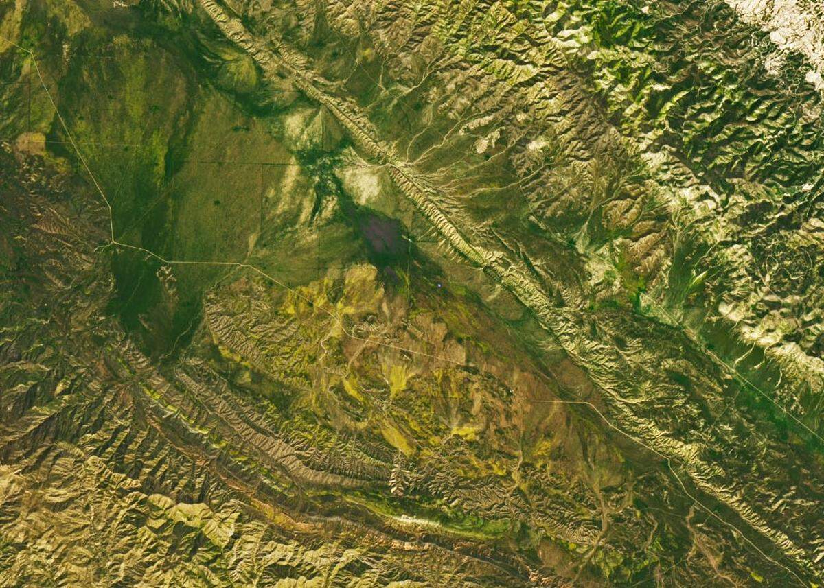 The superbloom in the Carrizo Plain National Monument in San Luis Obispo County can be seen from space, as shown in satellite images released by NASA in April 2023. This image shows an unexpected patch of purple among the sea of yellow near Soda Lake Road.