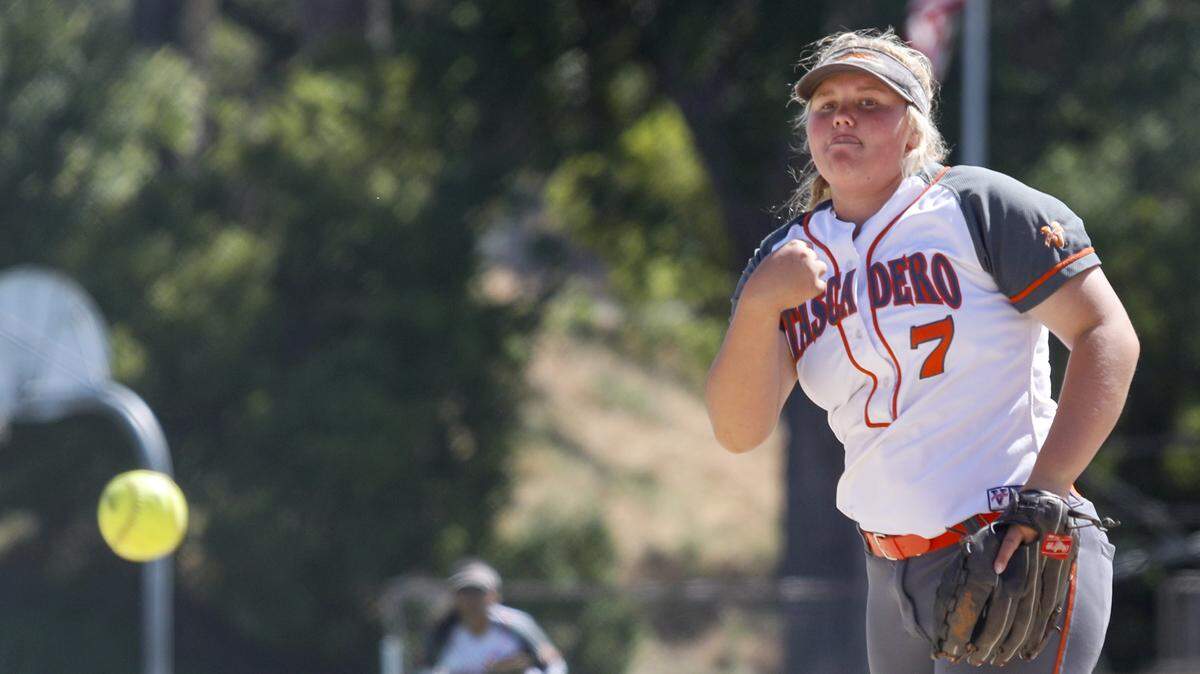 Bailey Doherty tossed a no-hitter in the Atascadero High School softball team's opener of the CIF-Southern Section Division 3 playoffs against St. Bonaventure on Thursday, May 17, 2018.