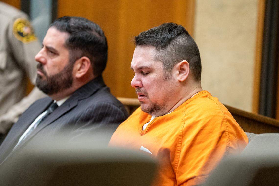 Justin Buchanan cries while listening to a statement from the family of his stepmother Kelly Buchanan in court on Tuesday, Dec. 2, 2025. Justin was charged with 25 years to life in prison for his stepmother’s July 16, 2023 murder.