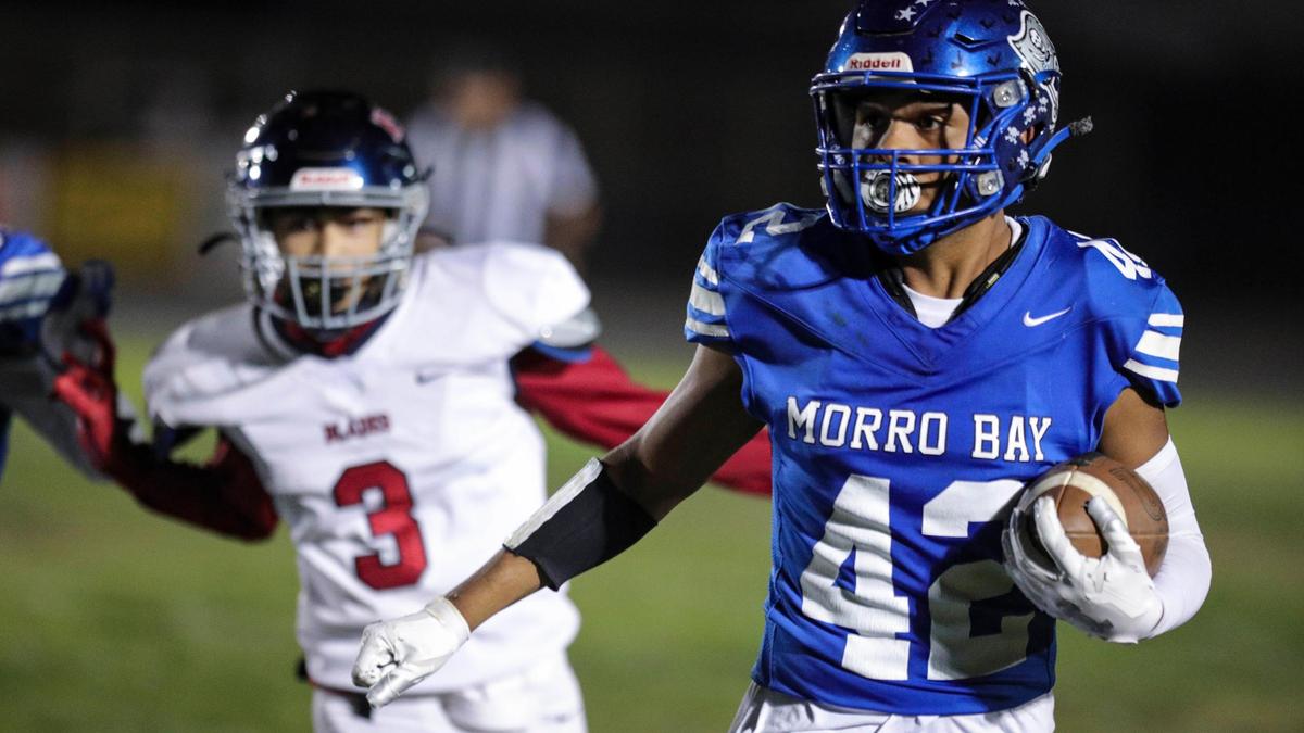 Manny Diaz runs back an interception in Morro Bay’s 27-26 victory over East Bakersfield in the CIF Central Section Division 5 playoffs on Nov. 3, 2023.