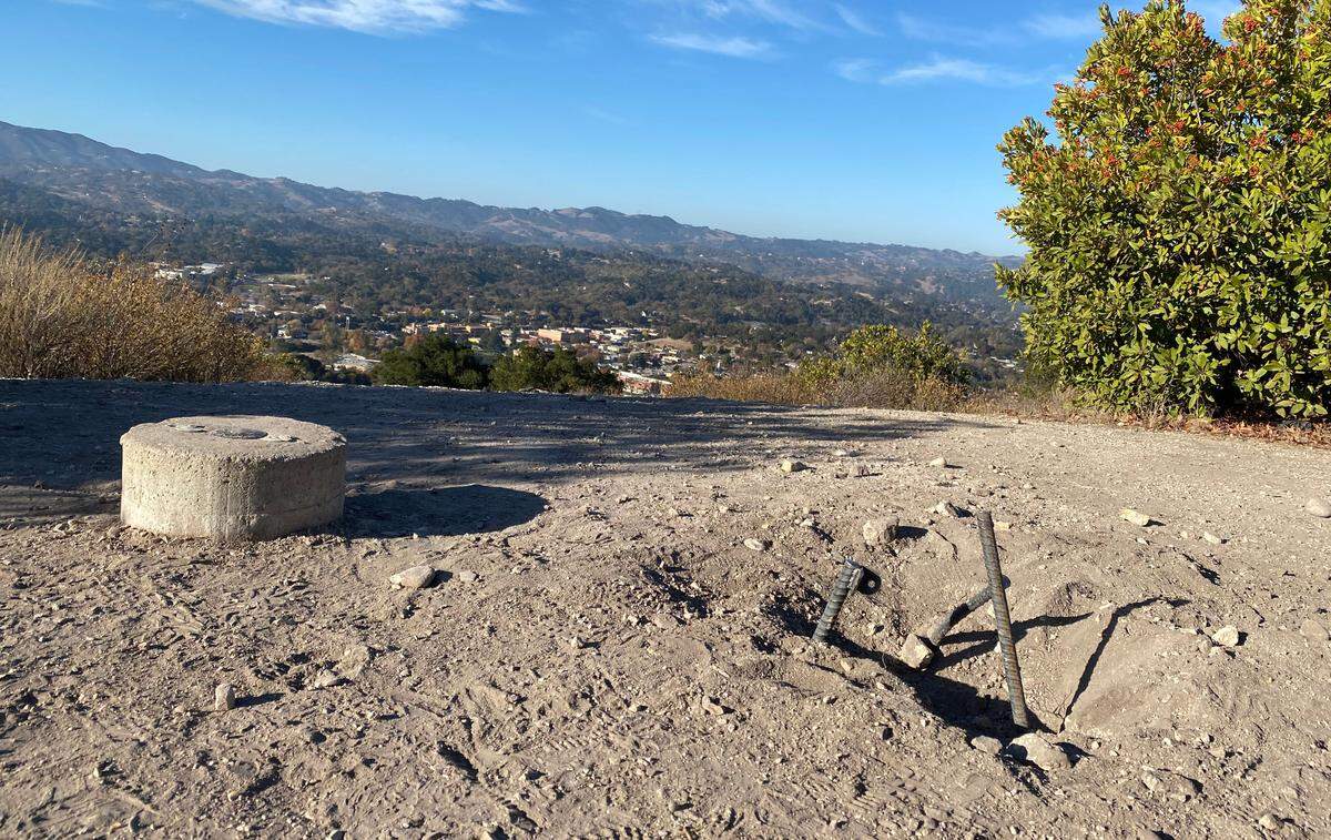 The monolith on Pine Mountain in Atascadero was torn out early Thursday morning by a group of young men who drove up from Southern California, a livestreamed video shows. All that remains now is some bent rebar.