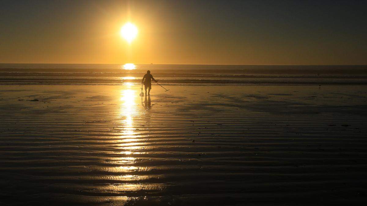 Otto Samuel searches the Pismo Beach shore with a metal detector during low tide on Monday, Nov. 16, 2020. He found a ring and some small chains.