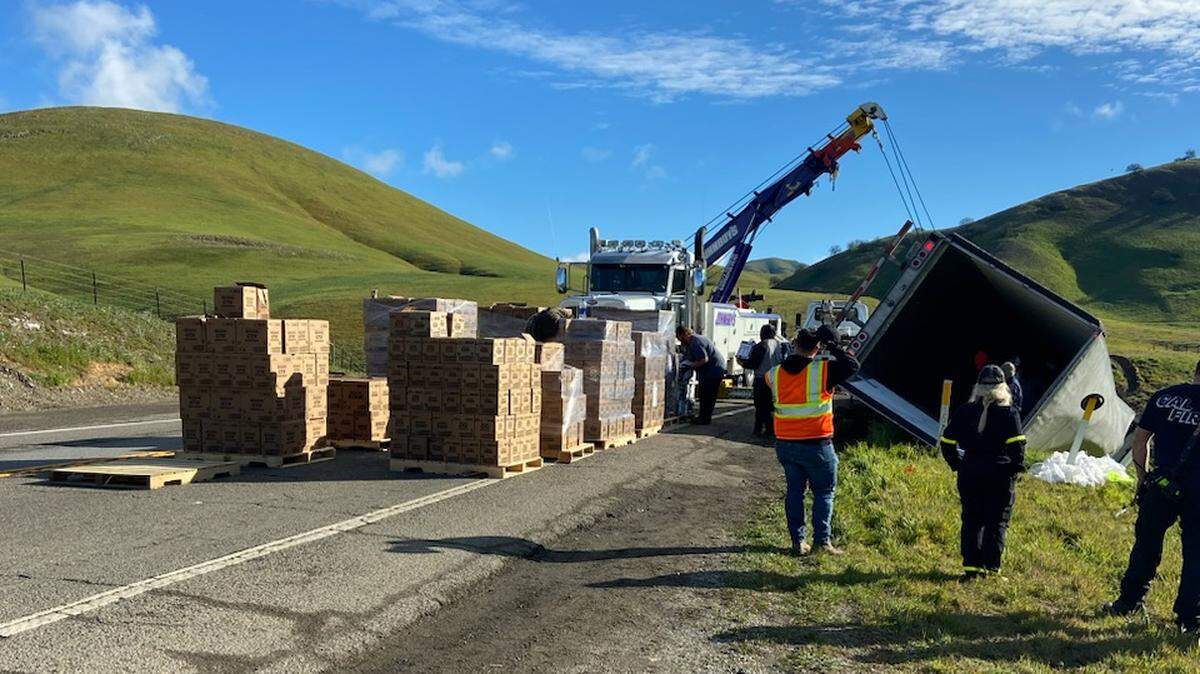An overturned vehicle along Highway 41 near Templeton on Feb. 26, 2023.