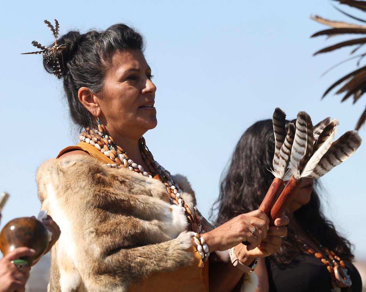 Gloria Lopez performs with Chumash dancers and singers at the Northern Chumash Tribal Council’s Indigenous People’s Day celebration in Pismo Beach on Oct. 14, 2024.