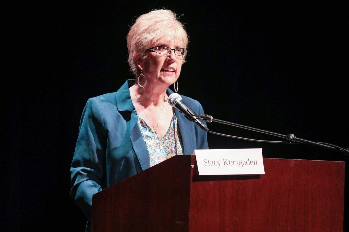 Stacy Korsgaden, who’s running to represent District 3 on the San Luis Obispo County Board of Supervisors, speaks during a debate at Cuesta College’s Cultural and Performing Arts Center on Tuesday, April 19, 2022.