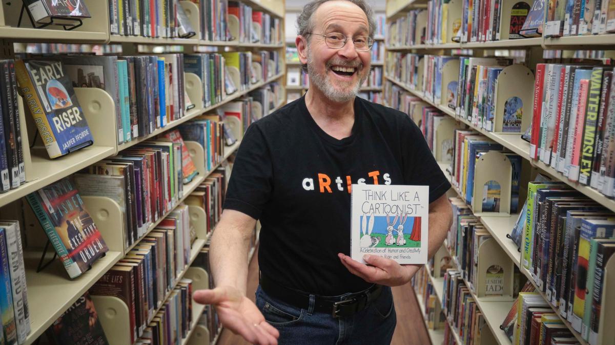 “Rubes” cartoonist Leigh Rubin, seen here at his hometown Nipomo Library on Dec. 12, 2023, has published a new book titled “Think Like a Cartoonist.”