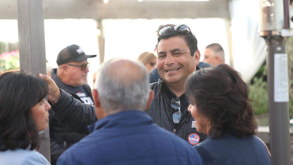 District 4 San Luis Obispo County supervisor candidate Adam Verdin talks to supporters at a primary night night party at Old Juan’s Cantina in Oceano on June 2, 2026.