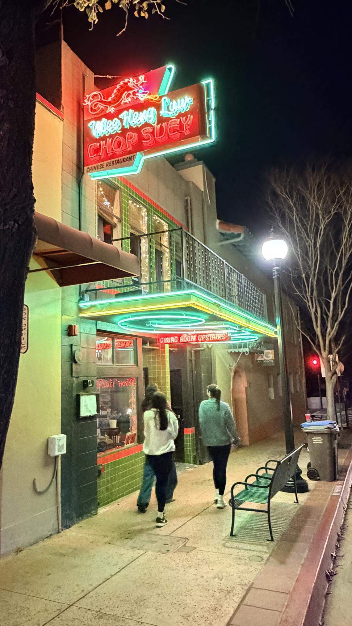 Mee Heng Low’s neon sign, seen here on Jan. 23, 2026, was renovated and relit after the San Luis Obispo noodle house won a $50,000 grant for exterior renovations.