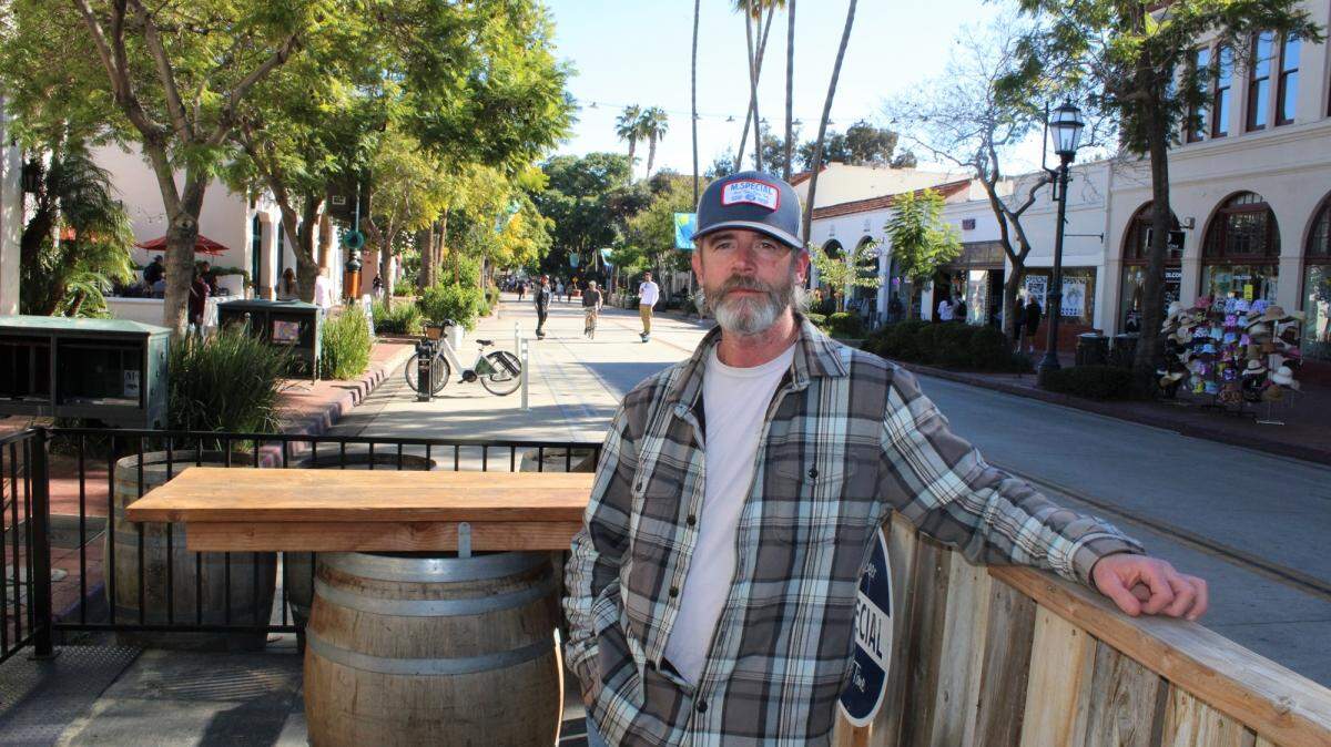 Joshua Ellis, owner of M. Special Brewing Co. on the 600 block of State Street in Santa Barbara, has kept his parklet but created a runoff underneath in case of a storm. He wants Santa Barbara to keep State Street closed to cars and allow outdoor dining.