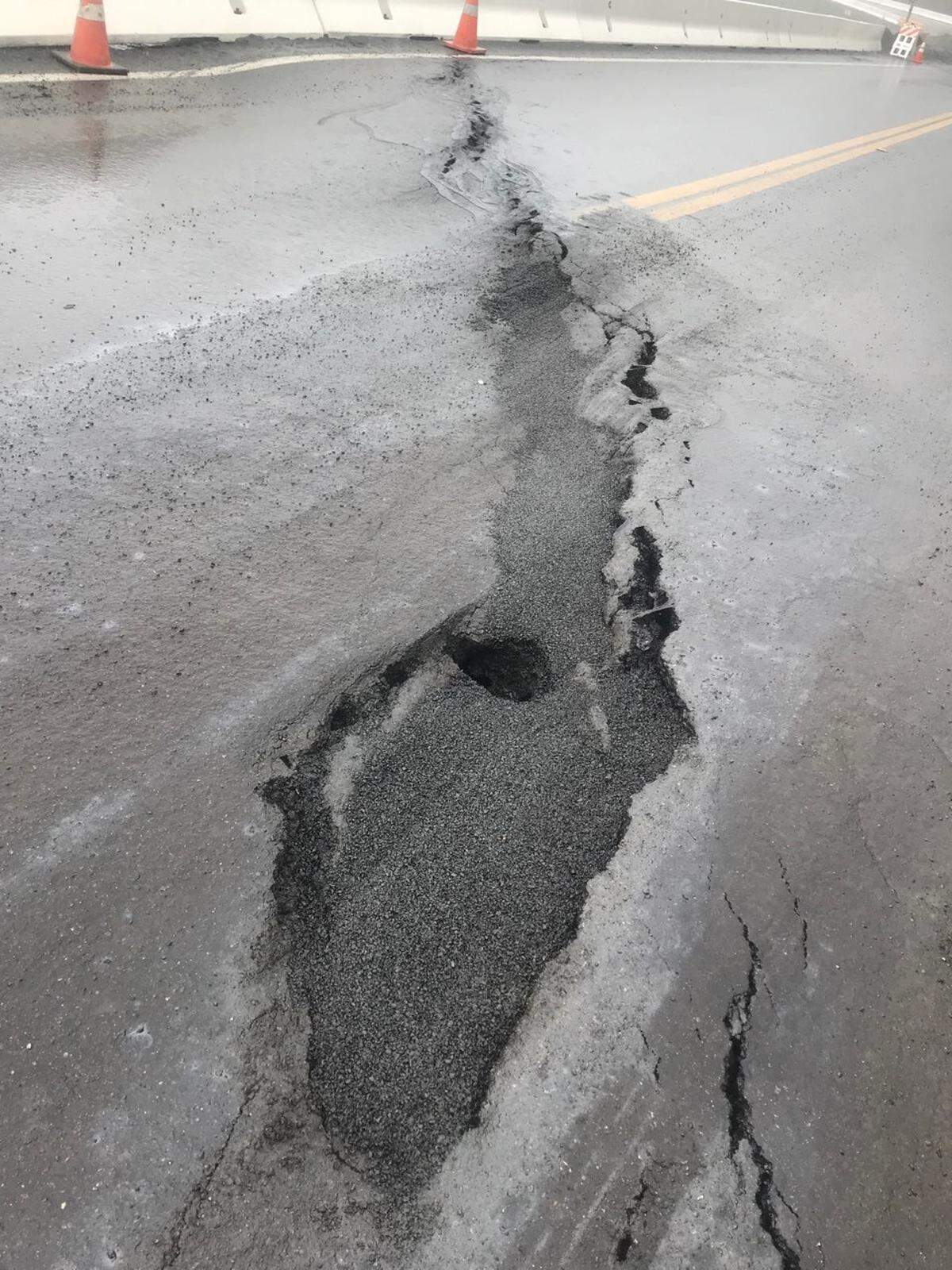 Highway 1 in Big Sur will remain closed until further notice due to “significant” slide activity and “vertical displacement” along the road. The road is pictured here at the south approach to Mud Creek.