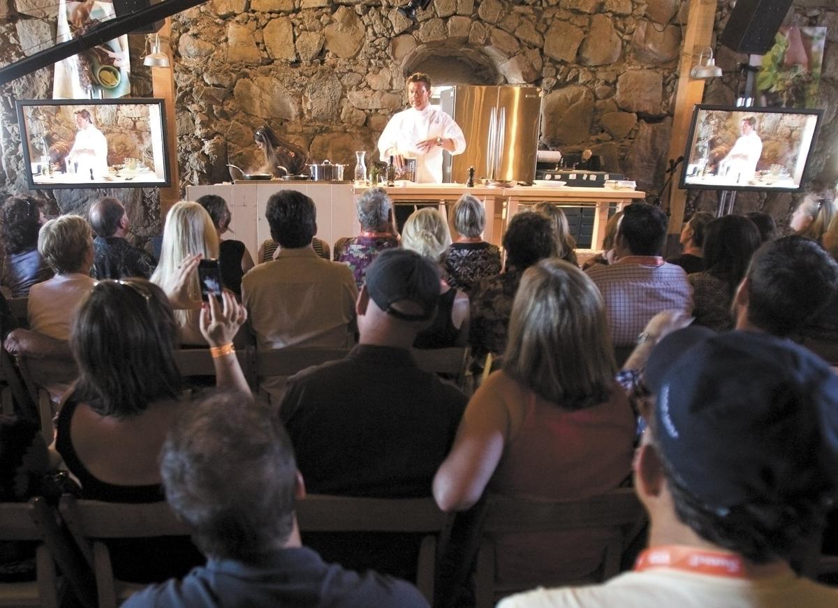 Savor the Central Coast featured chef Tyler Florence demonstrated a menu that included salmon, Brussels sprouts and home made chips. Filming took place inside the historic chapel/barn at Santa Margarita Ranch Oct 2, 2010.