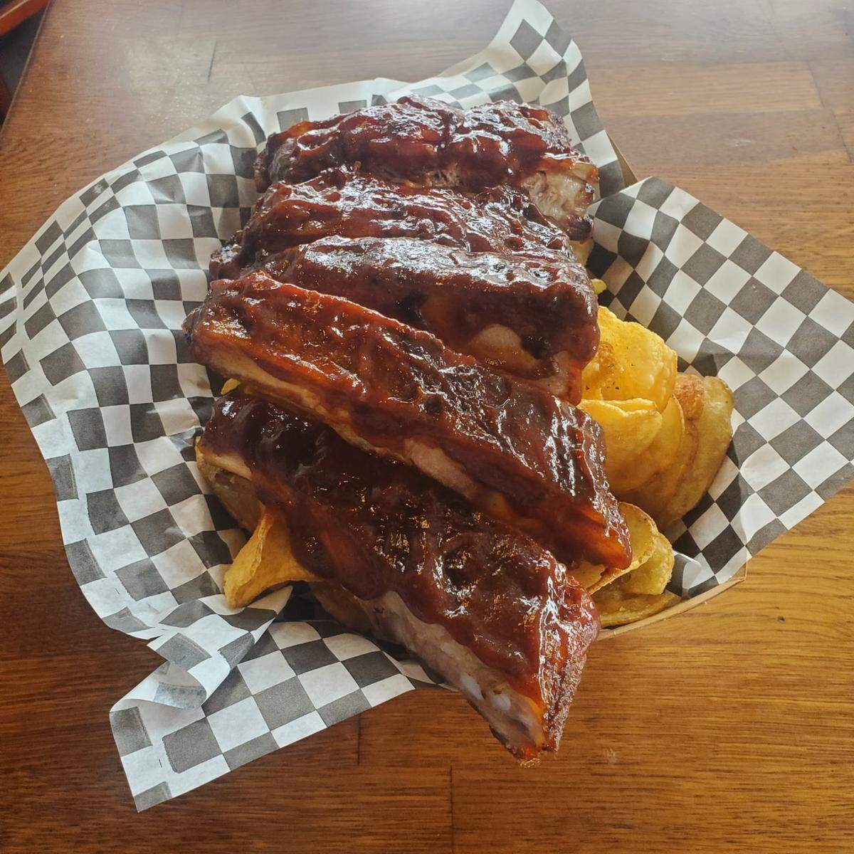 Pork ribs and chips from Savory Smoke, a new barbecue restaurant in Morro Bay.