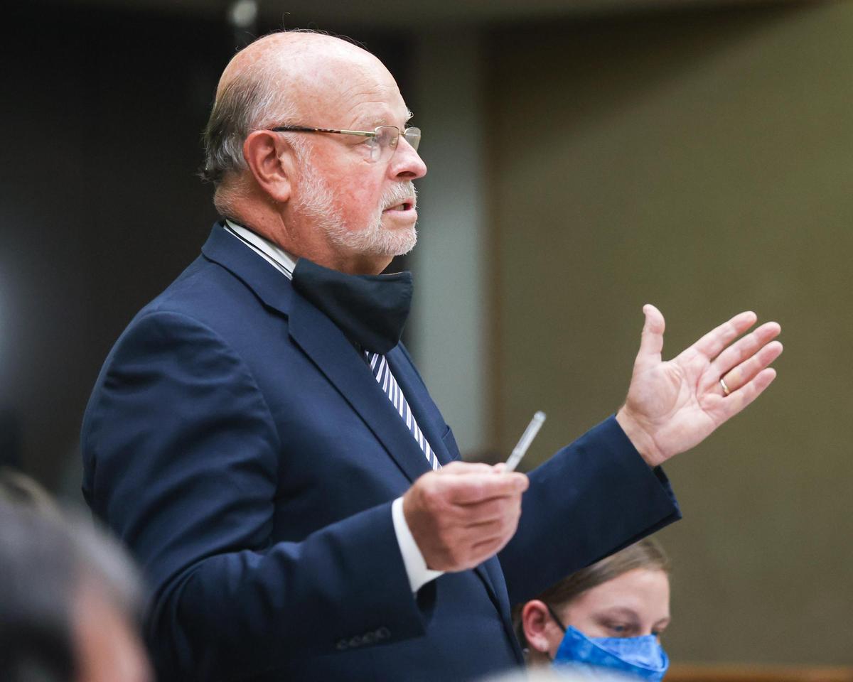 Robert Sanger, attorney for Paul Flores, argues against additional charges in the Kristin Smart case during a hearing on July 14, 2021. His daughter Sarah Sanger is co-counsel.
