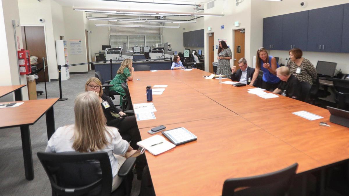The San Luis Obispo County Clerk Recorder’s Office tested new vote-counting machinery in a newly remodeled processing center on Oct. 2, 2024, as observers from the Grand Jury and the Republican Party watched. Standing in the back is San Luis Obispo County Clerk-Recorder Elaina Cano.