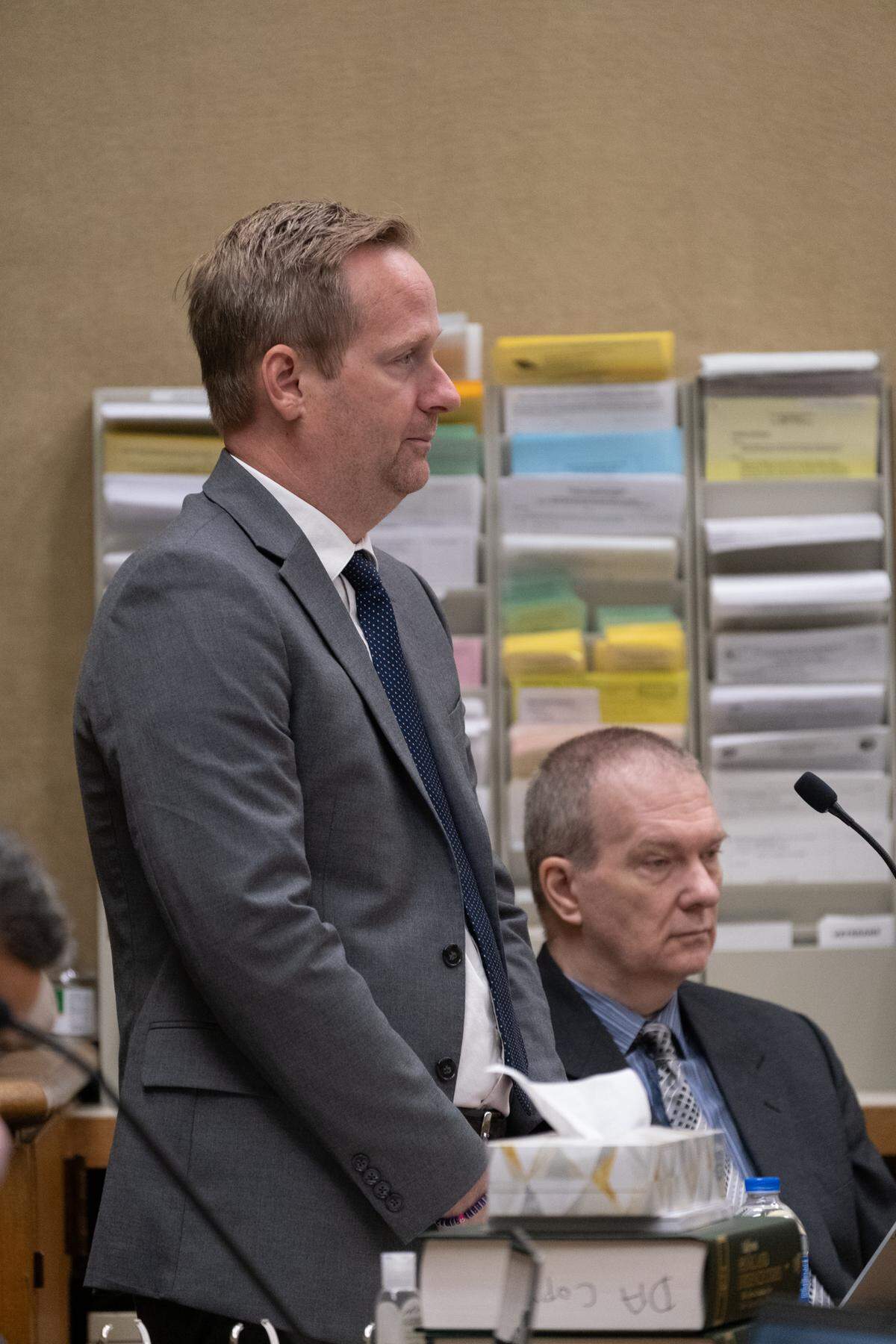 Defense attorney Tim Osman (left) questions a witness during the trial against his client, Stephen Deflaun, in San Luis Obispo Superior Court on Apr. 20, 2023.