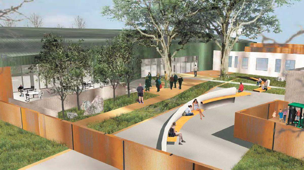 This artist’s rendering of the planned Homeless Services Center shows the central courtyard area of the proposed facility to be built at 40 Prado Road in San Luis Obispo, adjacent to the Sunset Drive-in.